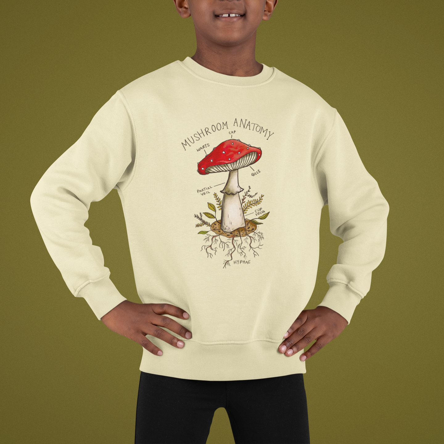 Mushroom Anatomy - NATURAL [Kids Slim Fit Sweatshirt] READY TO SHIP